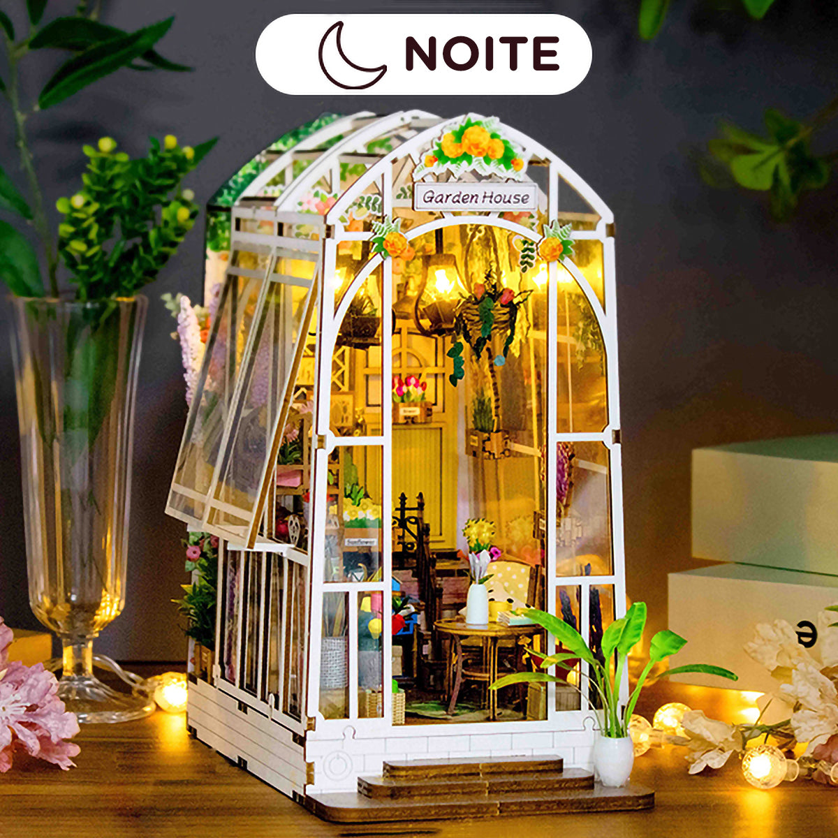 Blocos de Montar Construção Casas de Flores Madeira DIY Brinquedos Infantil Com Luz LED (Jardim) KJ9049JZ