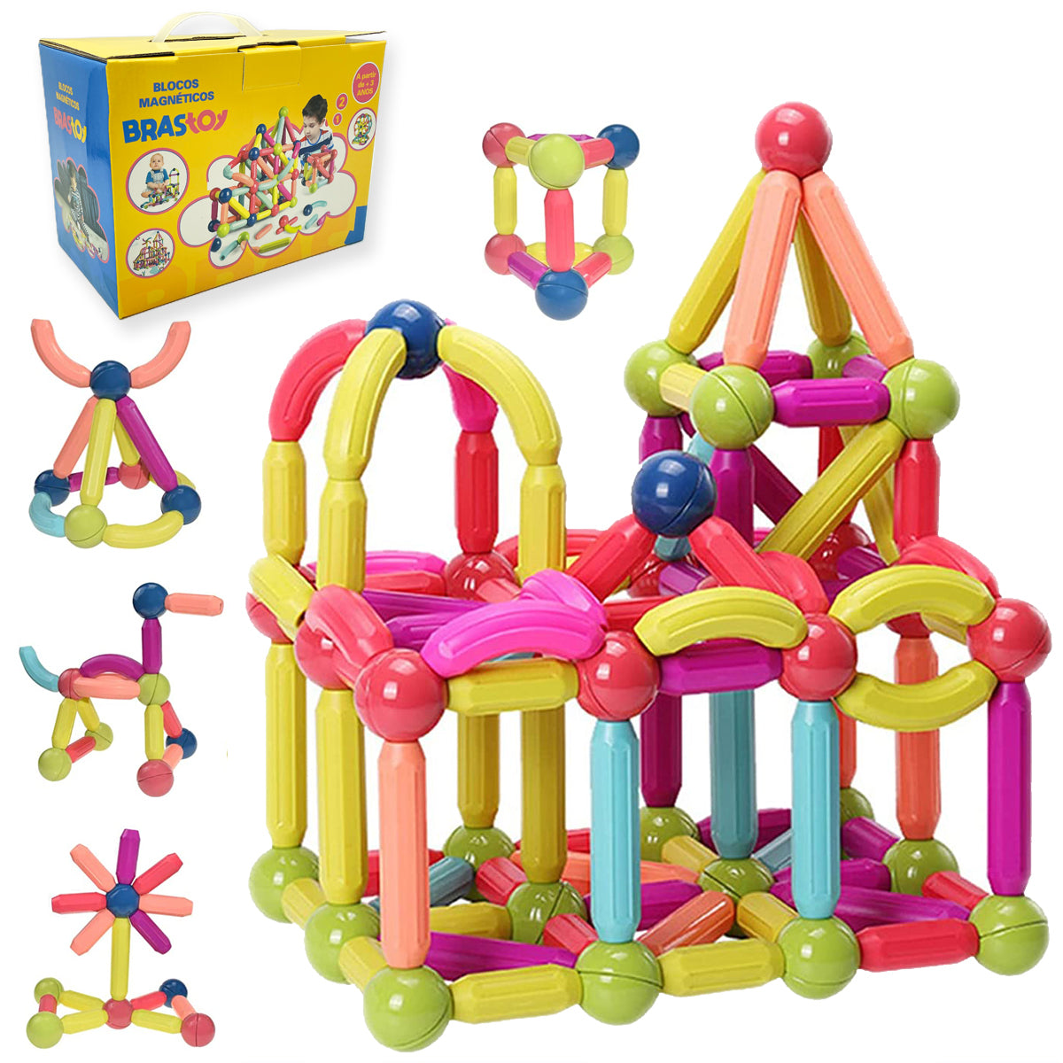Blocos de Montar Magnéticos Construção Infantil Brinquedo Educativo Bolas e Bastões (128 Peças) BM03