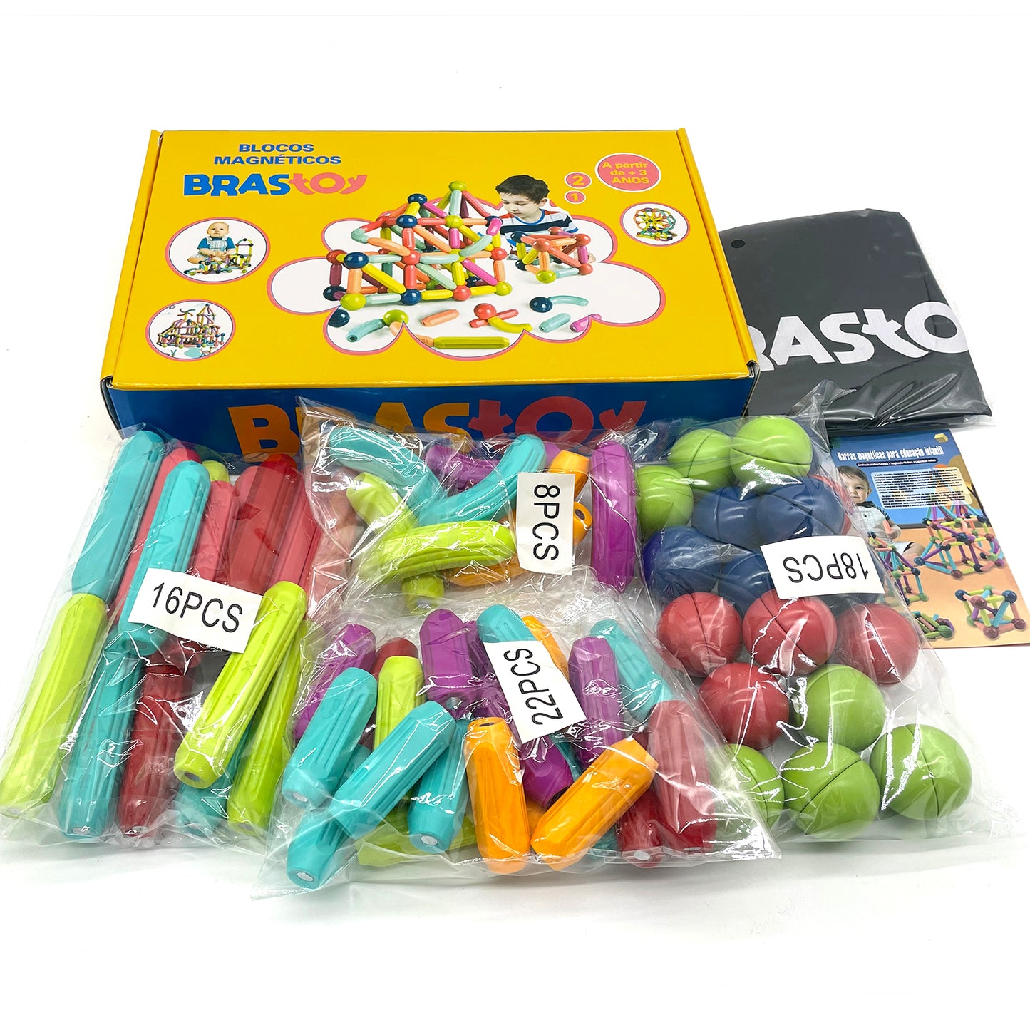 Brastoy Blocos De Montar Magnéticos 68 Peças Em Caixa BM02