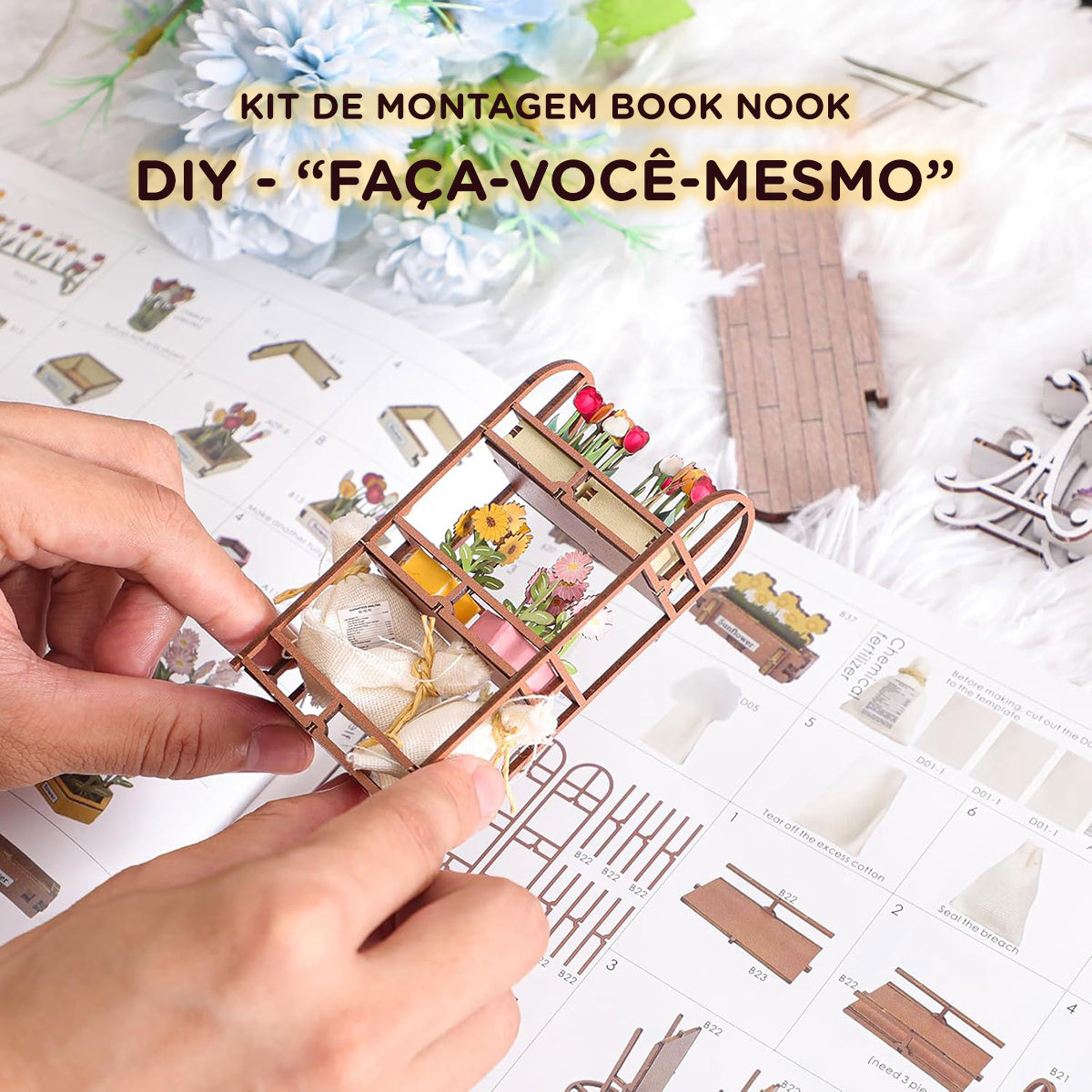 Blocos de Montar Construção Casas de Flores Madeira DIY Brinquedos Infantil Com Luz LED (Jardim)   KJ9049JZ