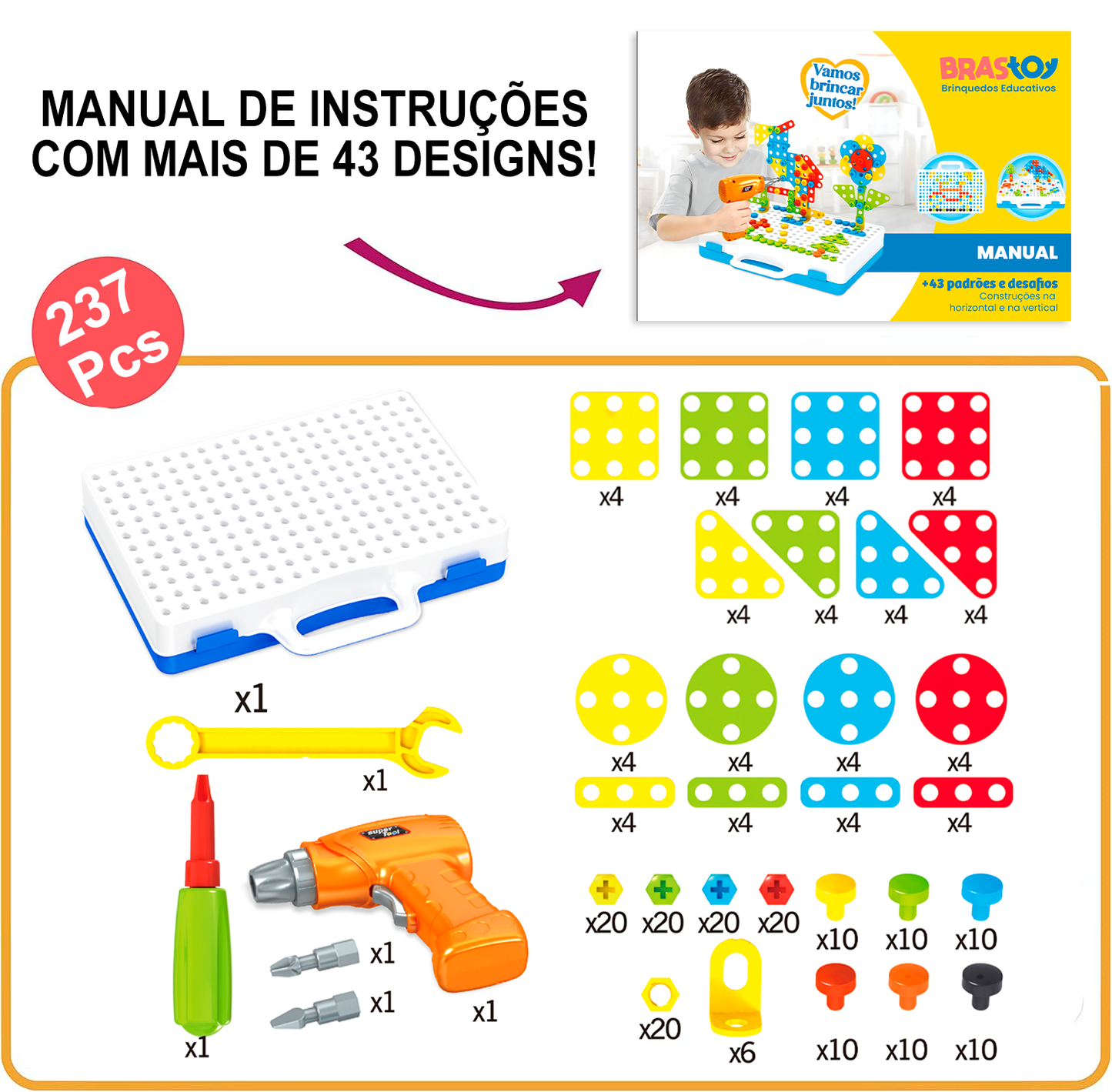 Blocos de Montar Construção Ferramentas Criativas STEM Brinquedos Infantil 237 Peças KJ9086BC