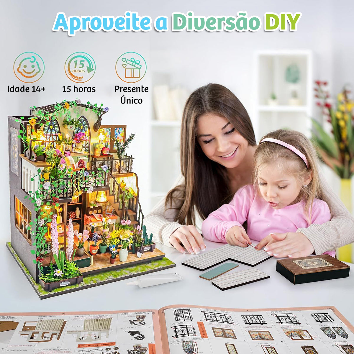 Blocos de Montar Construção Casas de Flores Madeira DIY Brinquedos Infantil Com Luz LED (Casa)   KJ9050JZ
