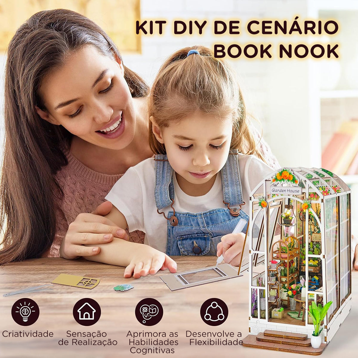 Blocos de Montar Construção Casas de Flores Madeira DIY Brinquedos Infantil Com Luz LED (Jardim)   KJ9049JZ