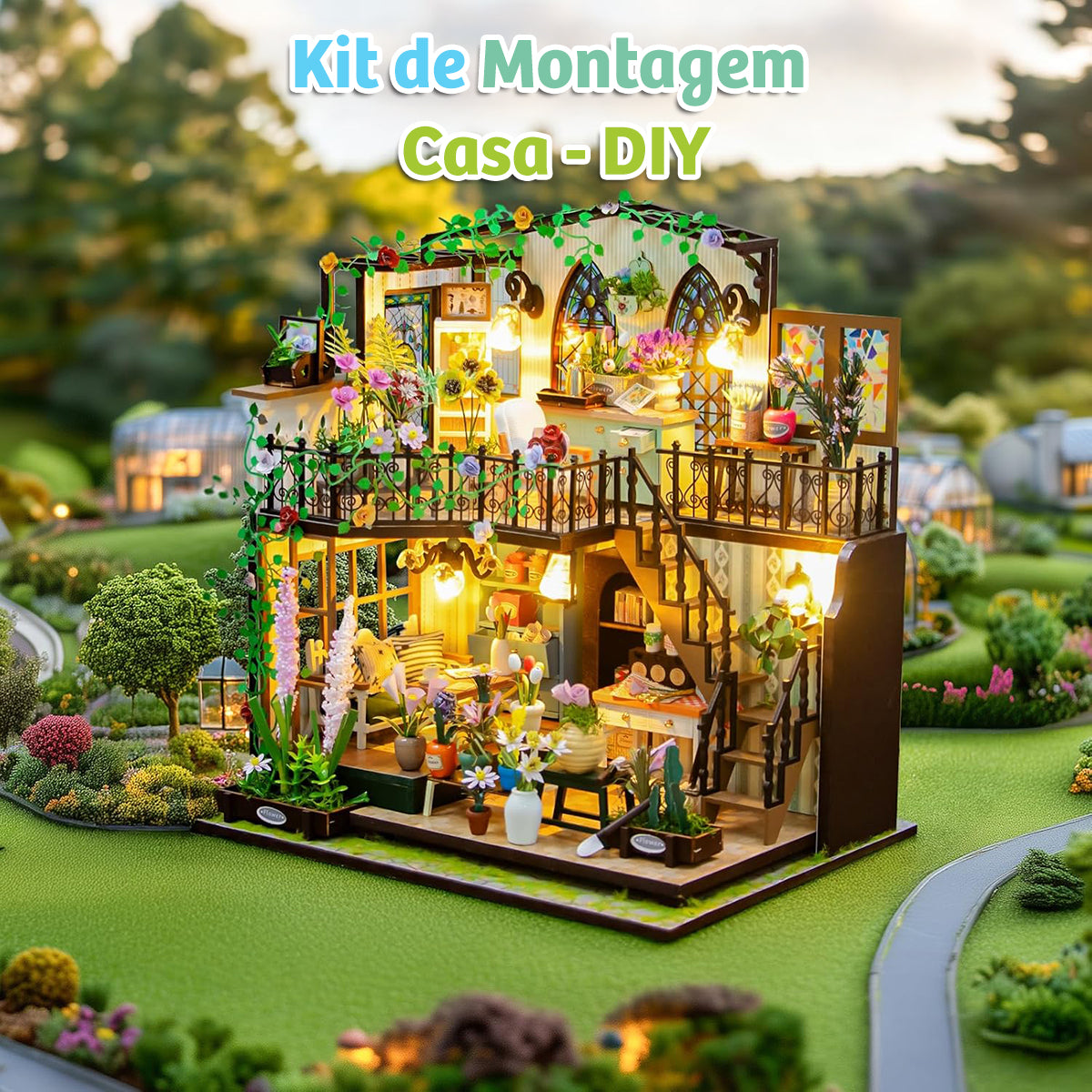 Blocos de Montar Construção Casas de Flores Madeira DIY Brinquedos Infantil Com Luz LED (Casa)   KJ9050JZ