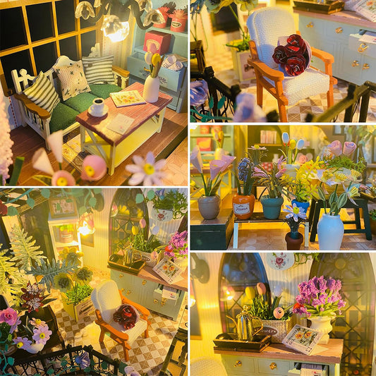 Blocos de Montar Construção Casas de Flores Madeira DIY Brinquedos Infantil Com Luz LED (Casa) KJ9050JZ