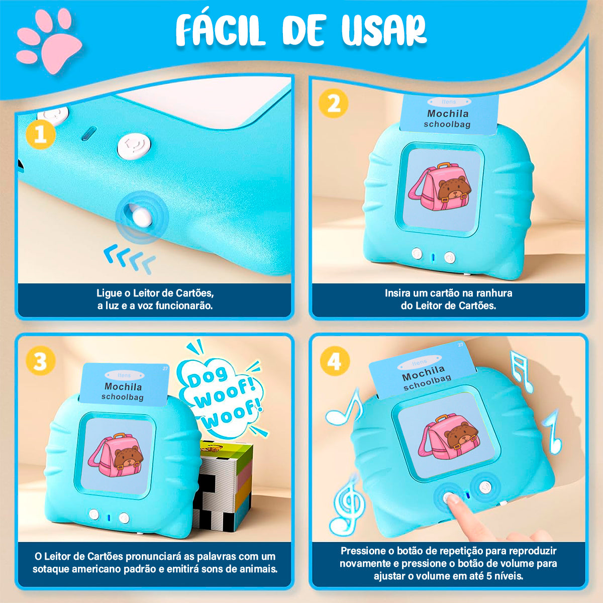 Cartões de Aprendizagem Montessori Educativo Infantil Com Leitor Flash Em Português e Inglês OTA-116CL