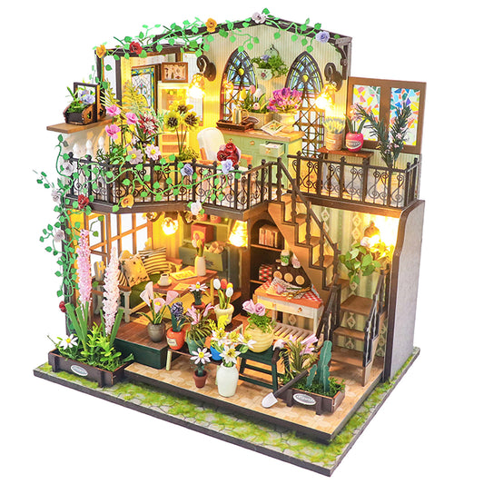 Blocos de Montar Construção Casas de Flores Madeira DIY Brinquedos Infantil Com Luz LED (Casa)   KJ9050JZ