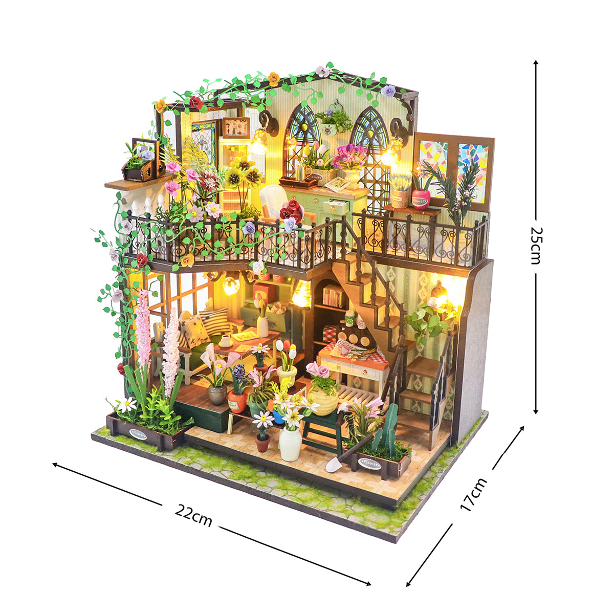Blocos de Montar Construção Casas de Flores Madeira DIY Brinquedos Infantil Com Luz LED (Casa)   KJ9050JZ