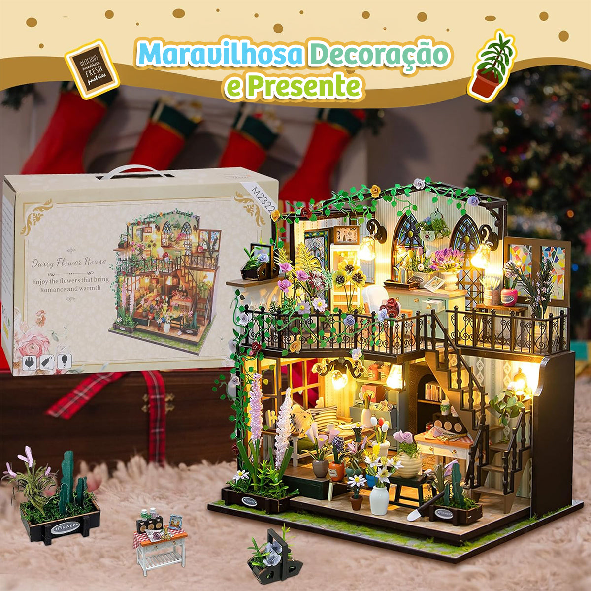 Blocos de Montar Construção Casas de Flores Madeira DIY Brinquedos Infantil Com Luz LED (Casa)   KJ9050JZ