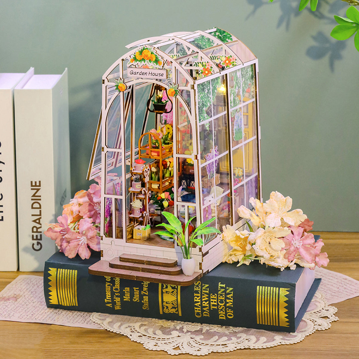 Blocos de Montar Construção Casas de Flores Madeira DIY Brinquedos Infantil Com Luz LED (Jardim)   KJ9049JZ