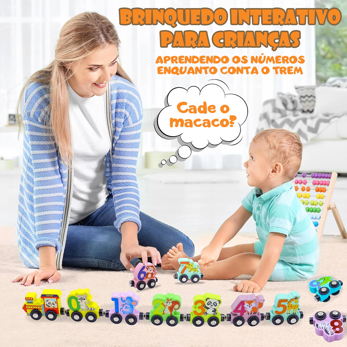Brinquedos Montessori Para Crianças de 3 Anos - Trem de Palavras Magnético de Madeira com Números e Animais  CB906