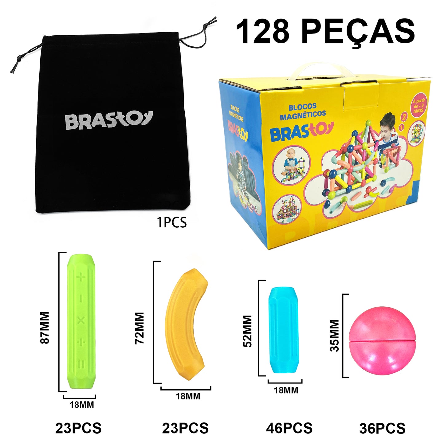 Blocos de Montar Magnéticos Construção Infantil Brinquedo Educativo Bolas e Bastões (128 Peças) BM03