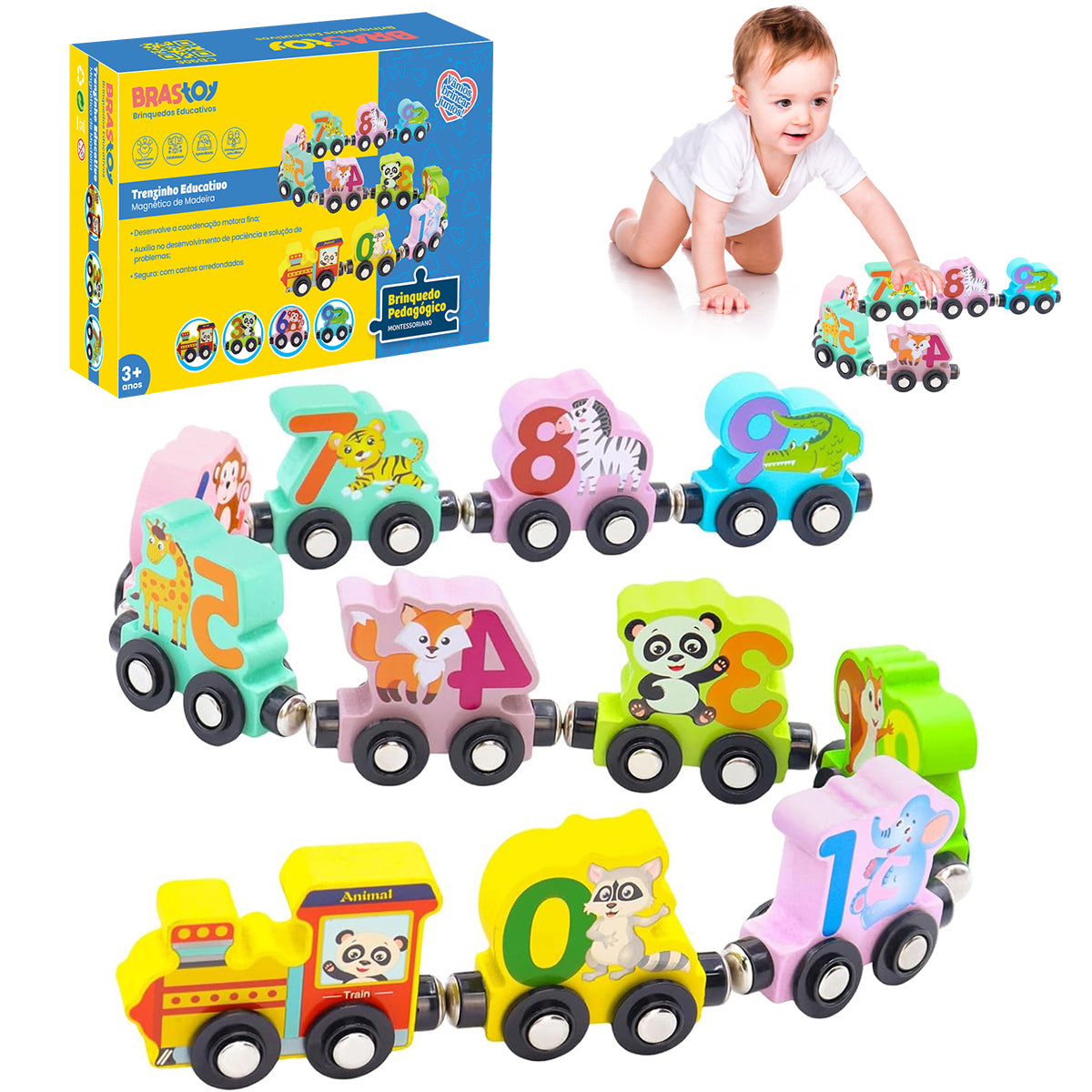 Brinquedos Montessori Para Crianças de 3 Anos - Trem de Palavras Magnético de Madeira com Números e Animais  CB906