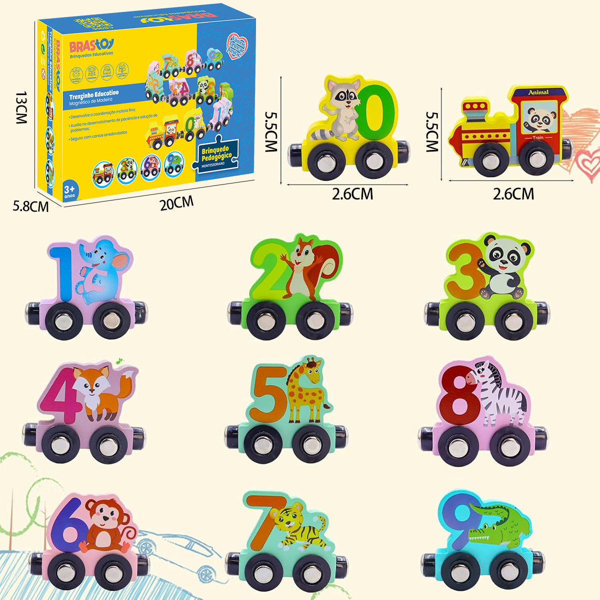 Brinquedos Montessori Para Crianças de 3 Anos - Trem de Palavras Magnético de Madeira com Números e Animais  CB906