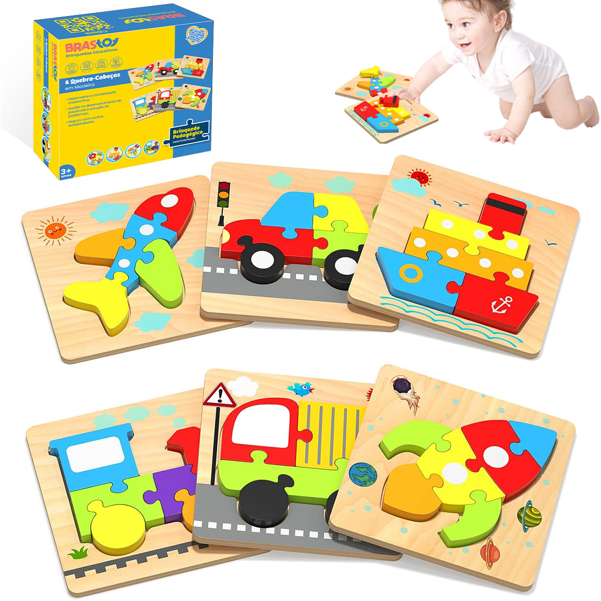 Brinquedos Montessori Para Crianças de 3 Anos - Blocos de Construção de Quebra-cabeça de Madeira com 6 Maneiras de Brincar   CB908