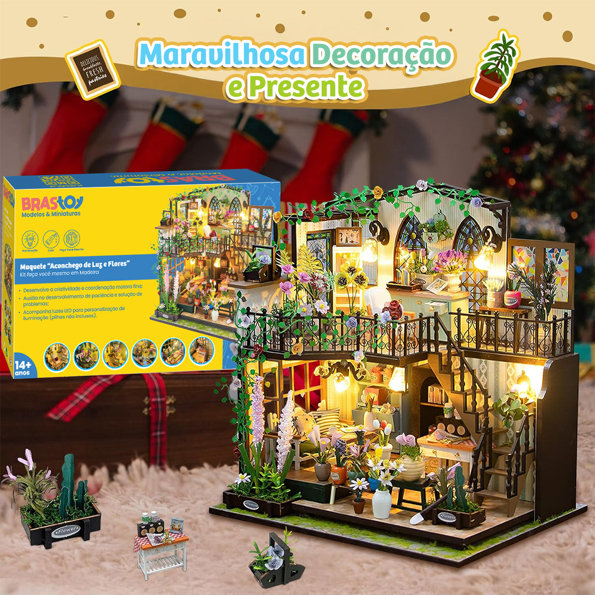 Blocos de Montar Construção Casas de Flores Madeira DIY Brinquedos Infantil Com Luz LED (Casa)   KJ9050JZ