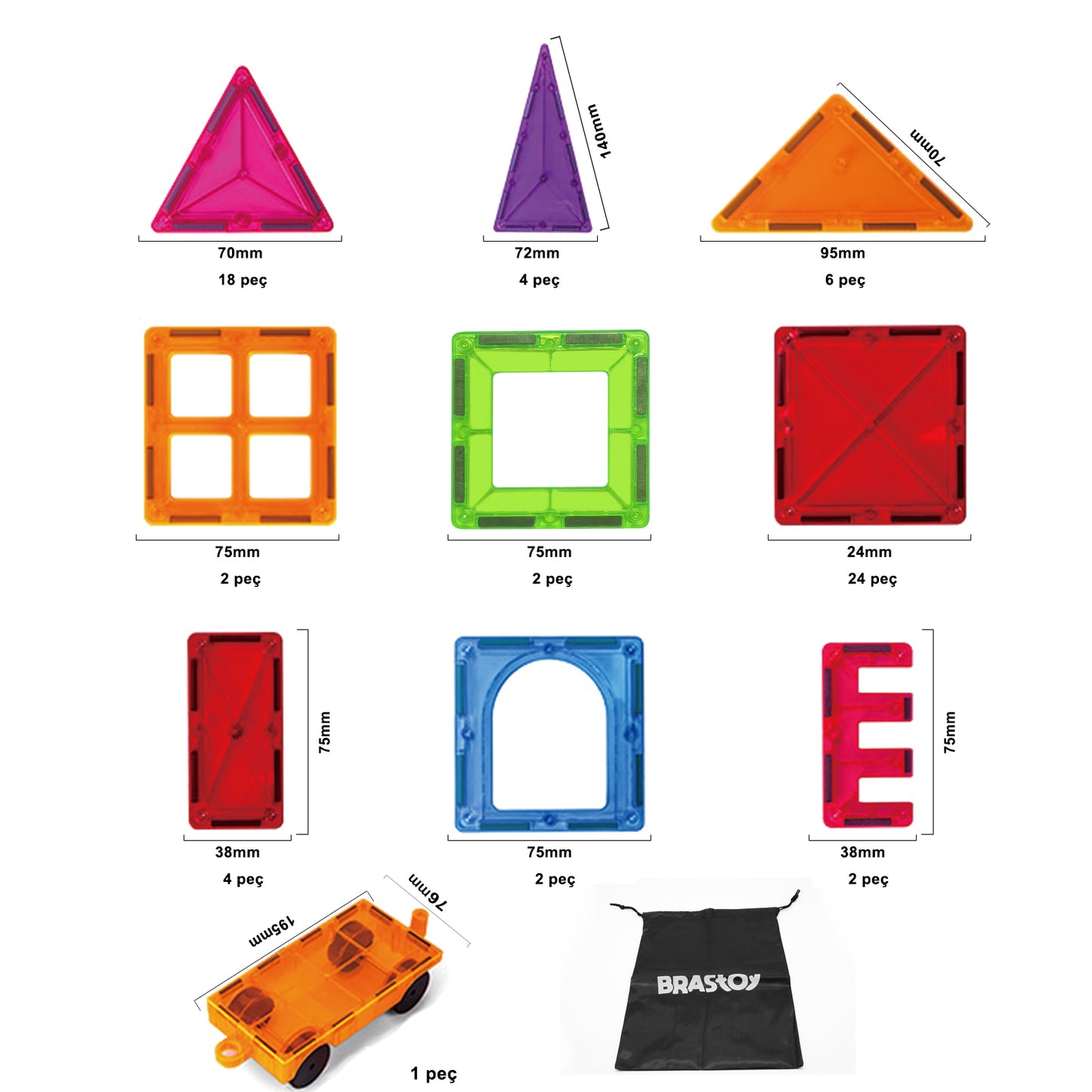 Blocos de Montar Magnéticos Construção Brinquedo Educativo Infantil 65 Peças BM438