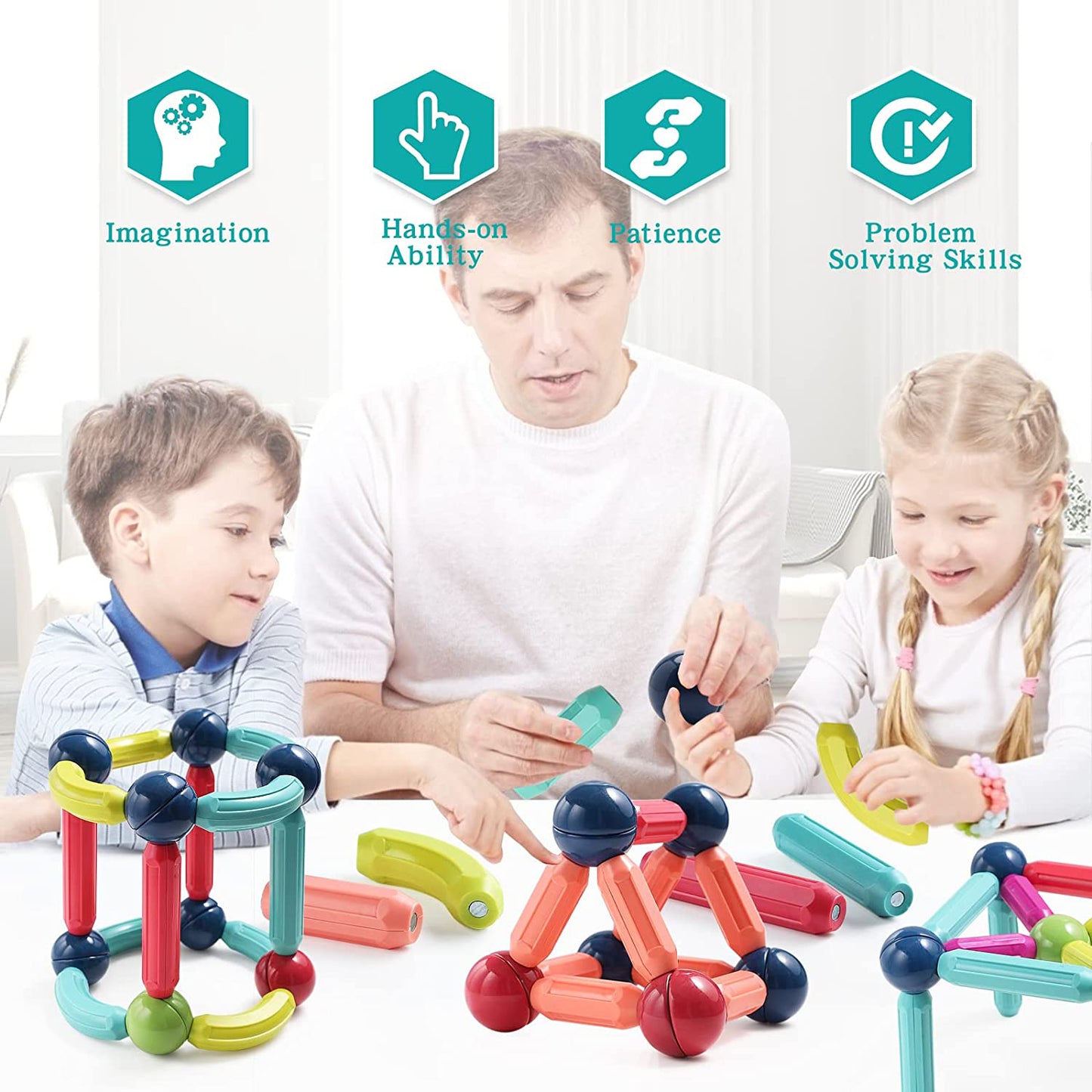 Blocos de Montar Magnéticos Construção Infantil Brinquedo Educativo Bolas e Bastões (128 Peças) BM03