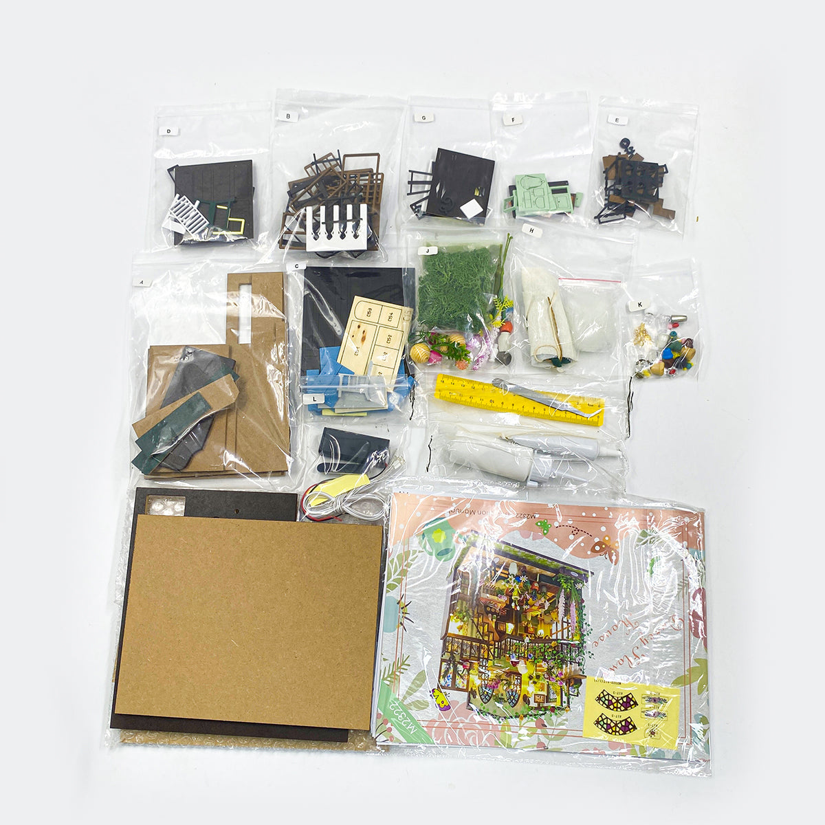 Blocos de Montar Construção Casas de Flores Madeira DIY Brinquedos Infantil Com Luz LED (Casa)   KJ9050JZ