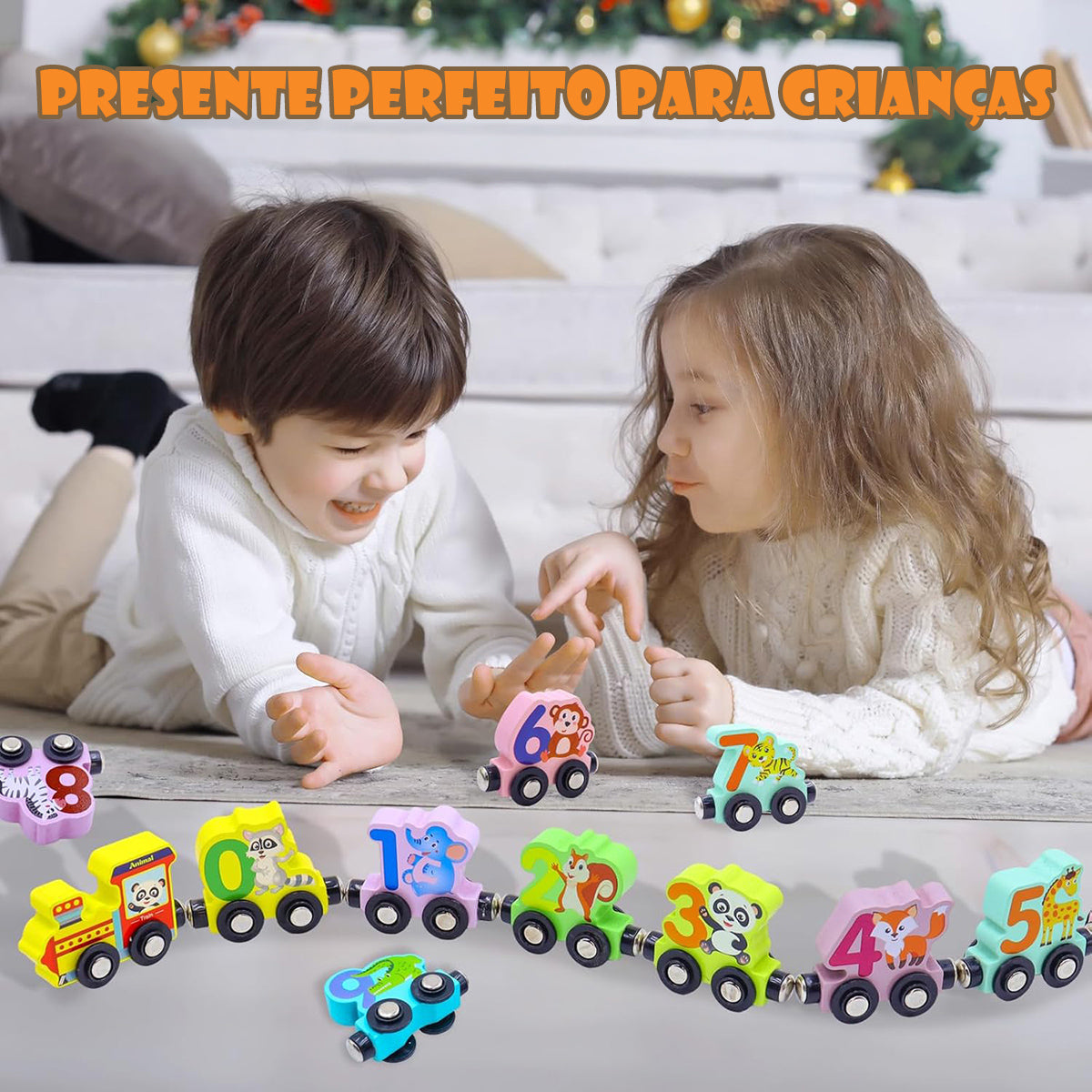 Brinquedos Montessori Para Crianças de 3 Anos - Trem de Palavras Magnético de Madeira com Números e Animais  CB906