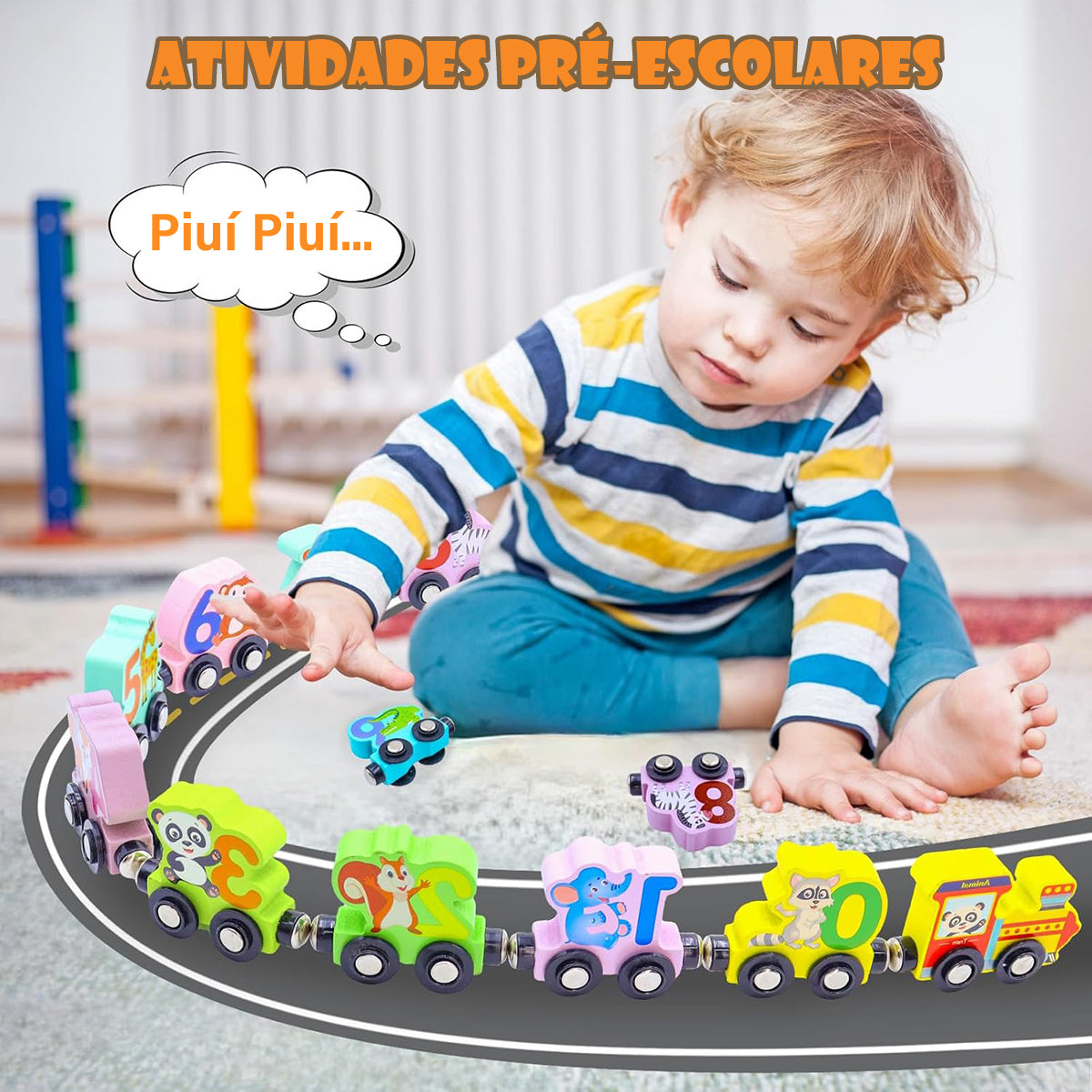 Brinquedos Montessori Para Crianças de 3 Anos - Trem de Palavras Magnético de Madeira com Números e Animais  CB906