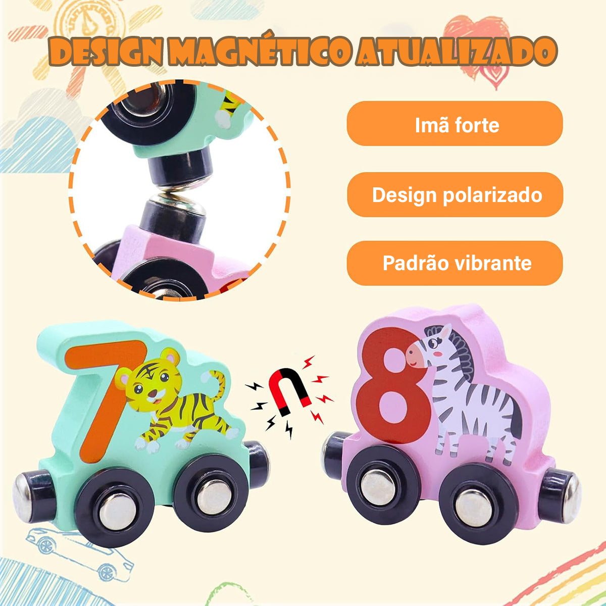 Brinquedos Montessori Para Crianças de 3 Anos - Trem de Palavras Magnético de Madeira com Números e Animais  CB906