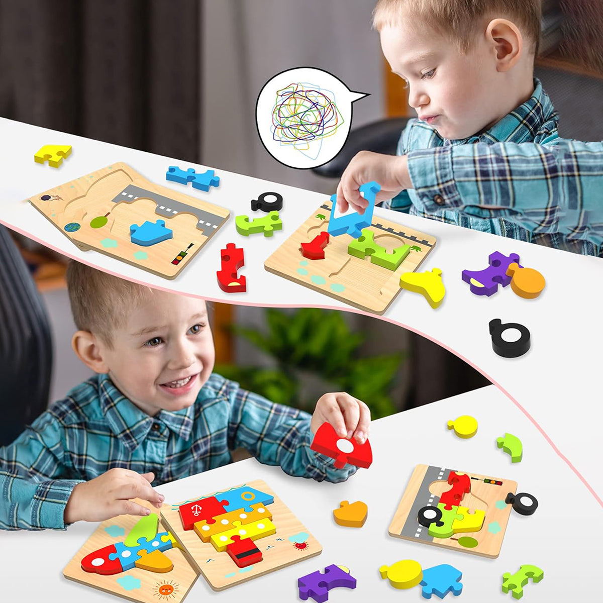 Brinquedos Montessori Para Crianças de 3 Anos - Blocos de Construção de Quebra-cabeça de Madeira com 6 Maneiras de Brincar   CB908