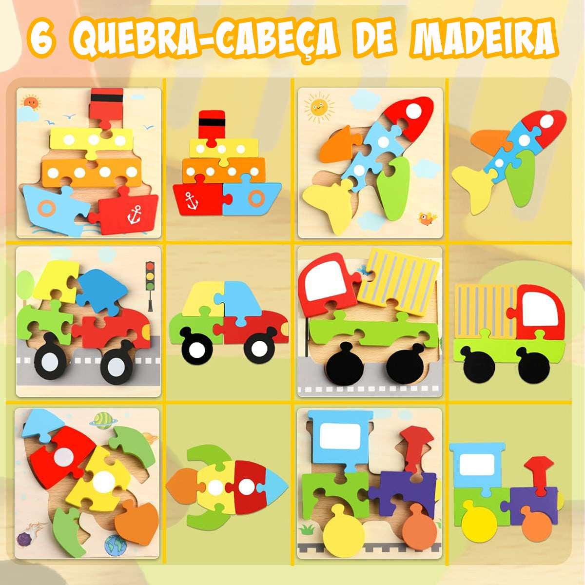 Brinquedos Montessori Para Crianças de 3 Anos - Blocos de Construção de Quebra-cabeça de Madeira com 6 Maneiras de Brincar   CB908