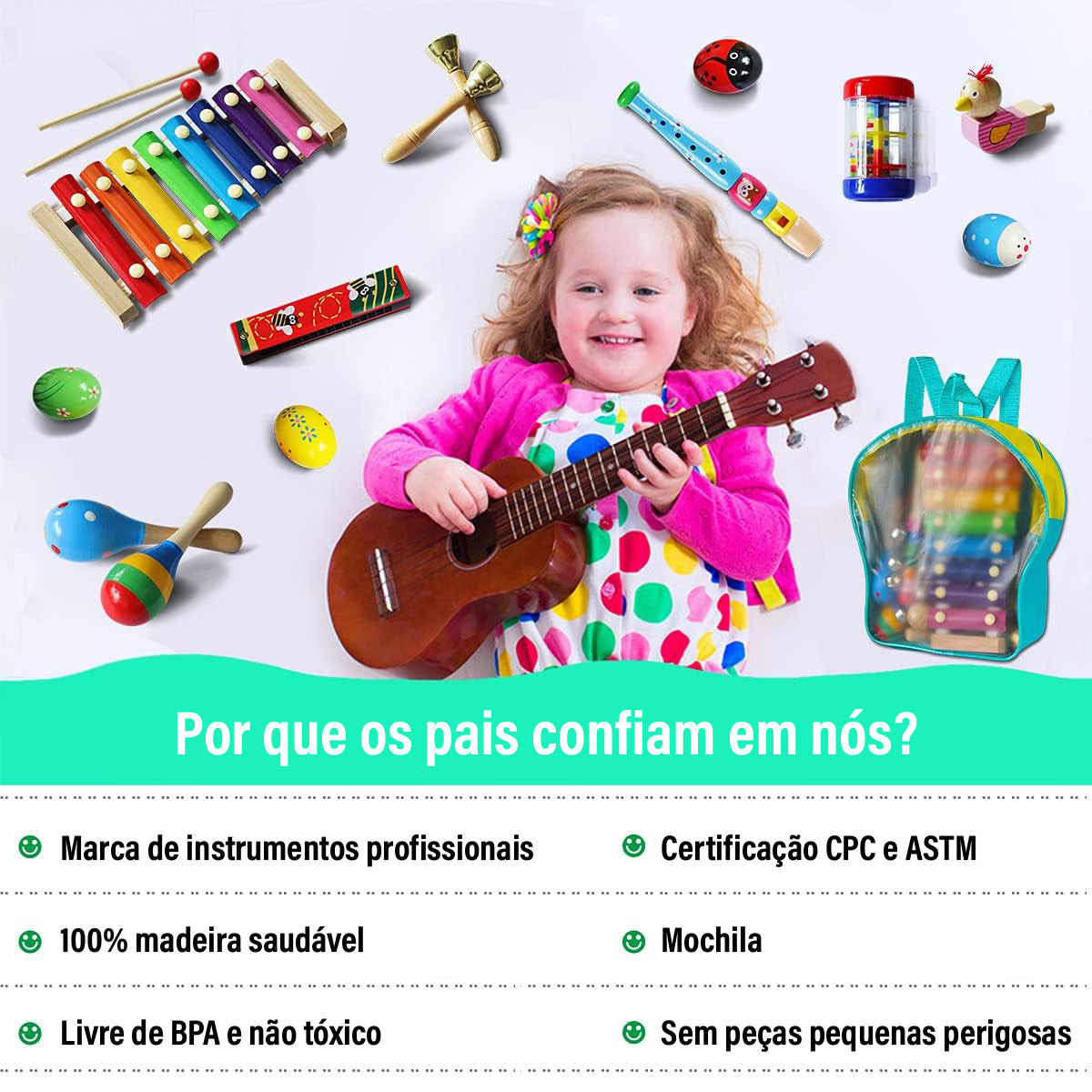 Instrumentos Musical Set de Percussão de Madeira Brinquedos Educativo Infantis Com Bolsa    CB905