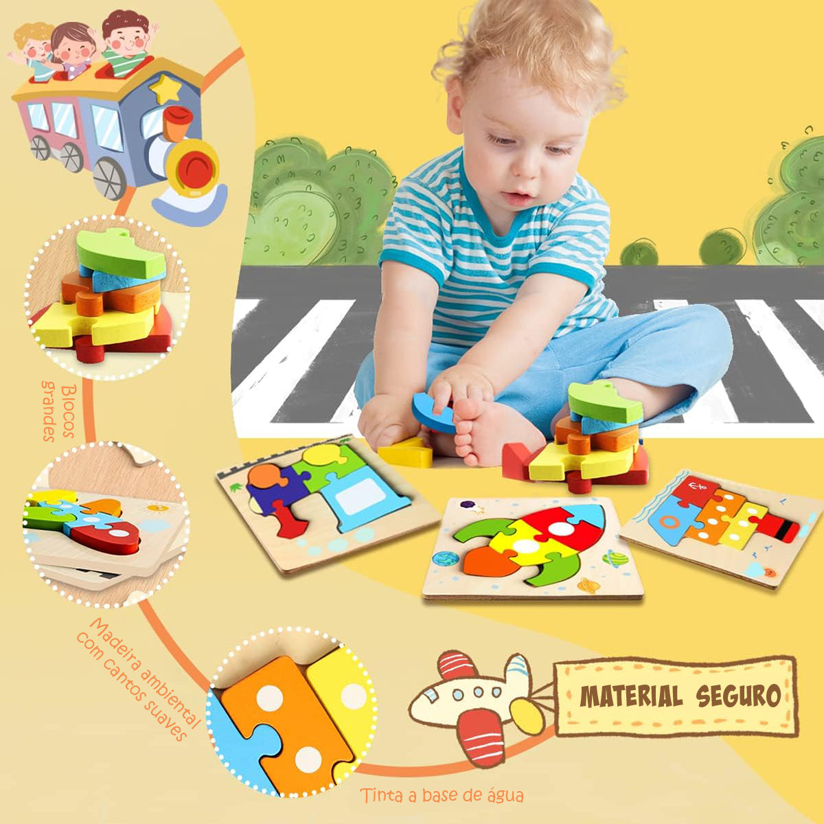 Brinquedos Montessori Para Crianças de 3 Anos - Blocos de Construção de Quebra-cabeça de Madeira com 6 Maneiras de Brincar   CB908