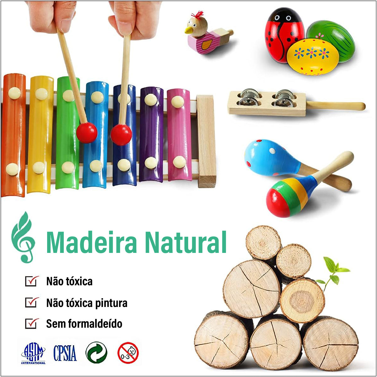 Instrumentos Musical Set de Percussão de Madeira Brinquedos Educativo Infantis Com Bolsa    CB905