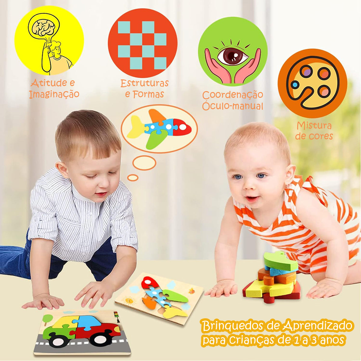 Brinquedos Montessori Para Crianças de 3 Anos - Blocos de Construção de Quebra-cabeça de Madeira com 6 Maneiras de Brincar   CB908