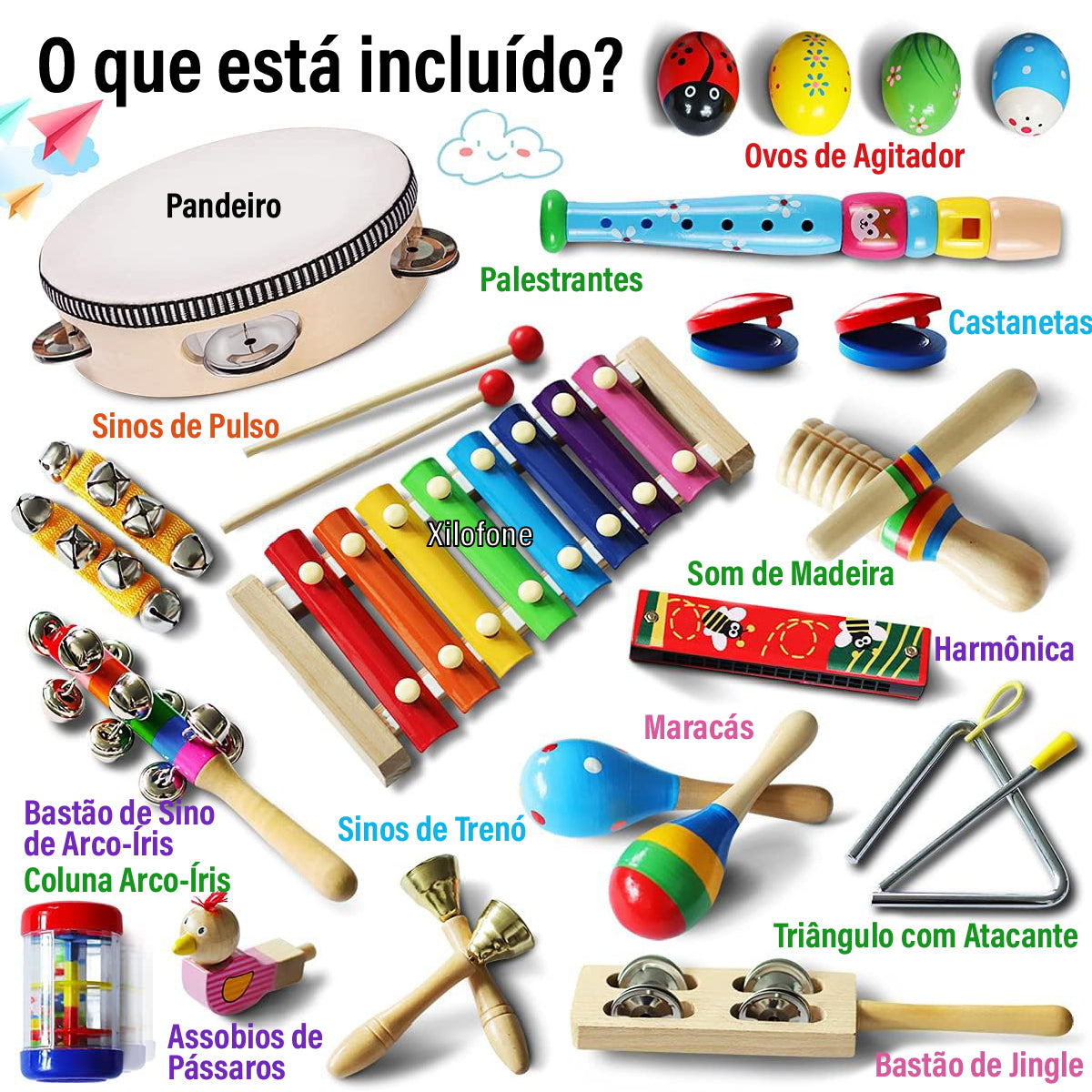 Instrumentos Musical Set de Percussão de Madeira Brinquedos Educativo Infantis Com Bolsa    CB905