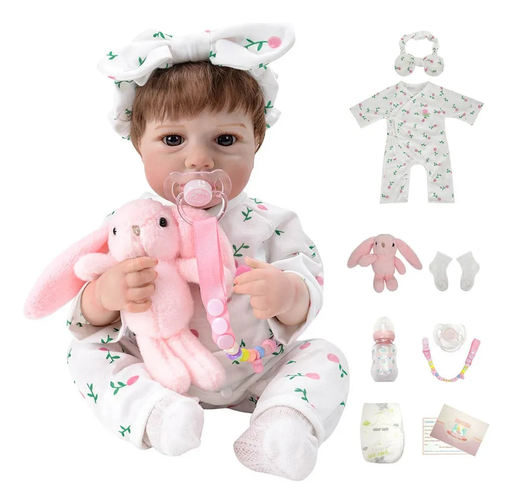 Brastoy Menina Bebê Reborn Pintada Silicone Boneca 48cm Princesa Vestido Branco OTA-IG229CS