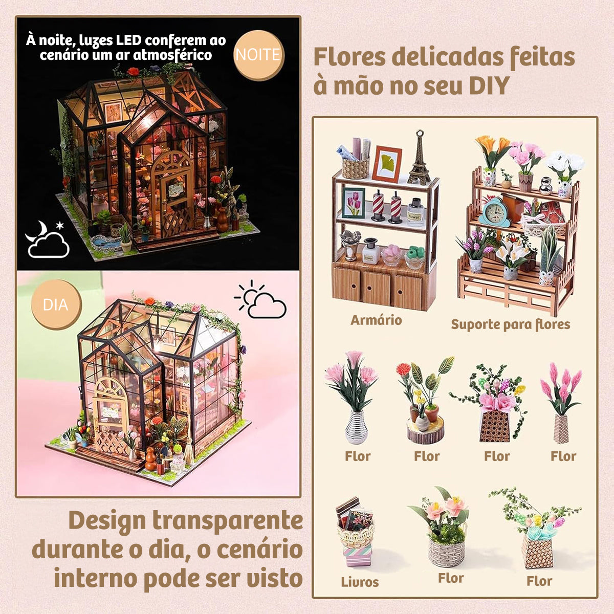Blocos de Montar Construção de Casas Livraria Madeira DIY Brinquedos Com Luz LED e Capa (Sala de Flores)   KJ9053JZ