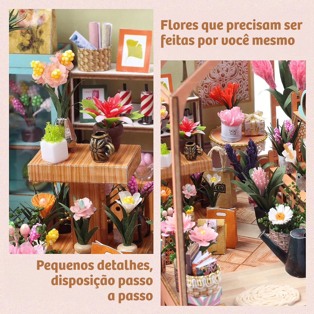 Blocos de Montar Construção de Casas Livraria Madeira DIY Brinquedos Com Luz LED e Capa (Sala de Flores)   KJ9053JZ