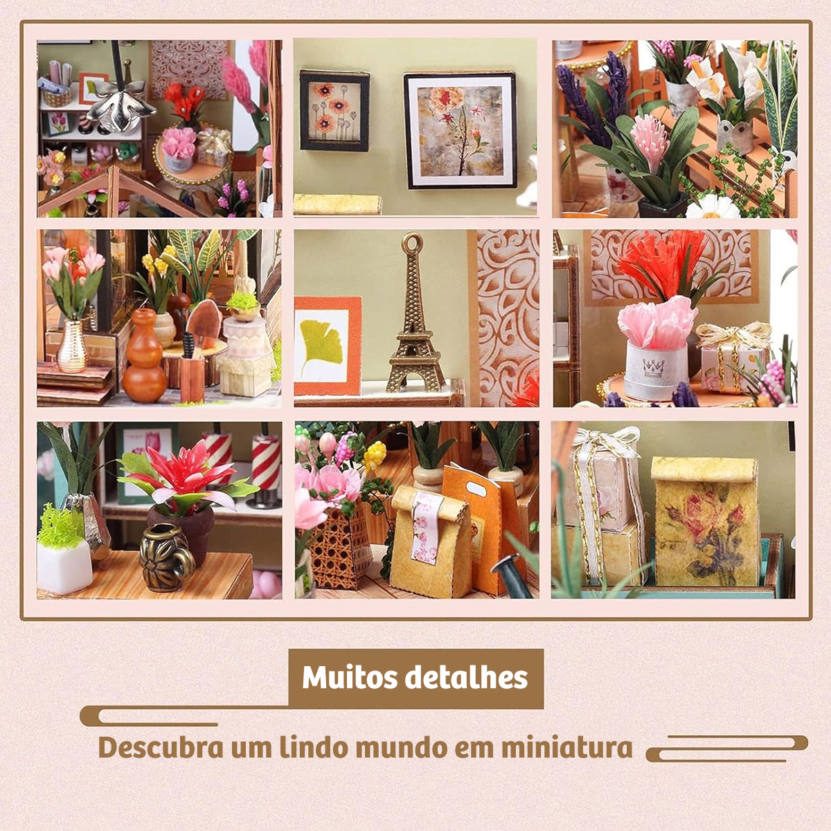 Blocos de Montar Construção de Casas Livraria Madeira DIY Brinquedos Com Luz LED e Capa (Sala de Flores)   KJ9053JZ