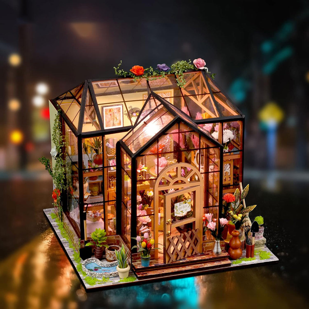 Blocos de Montar Construção de Casas Livraria Madeira DIY Brinquedos Com Luz LED e Capa (Sala de Flores)   KJ9053JZ